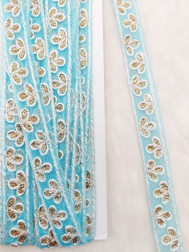 Wholesale Sky Blue Net Lace Floral Embroidery & Glitter Gold Sequins, Indian Wedding Border, Gifting Ribbon Costume Trim Fashion Trimming
